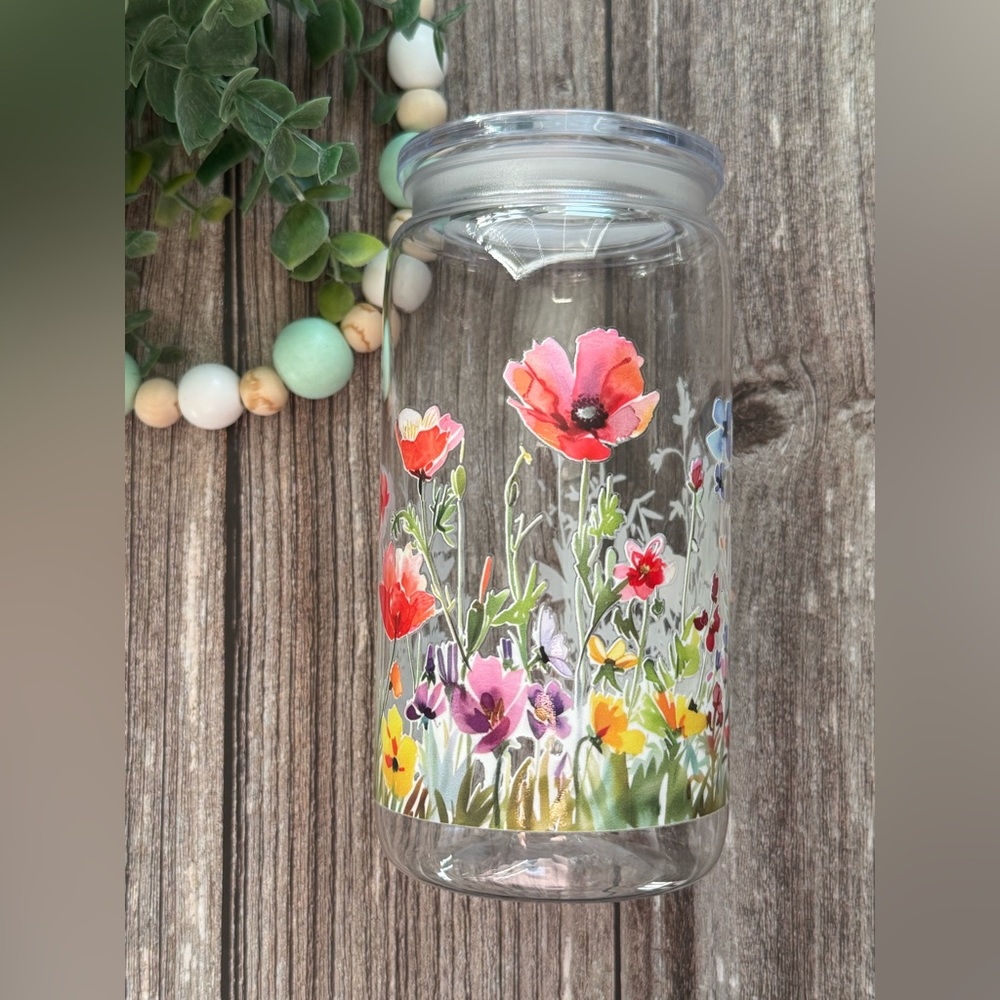 Floral Plastic Jar with Straw